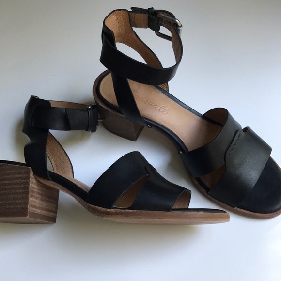 Madewell Shoes - Madewell “Kate” Black Stitched Mid Stacked Heel Ankle Strap Sandal Size 5